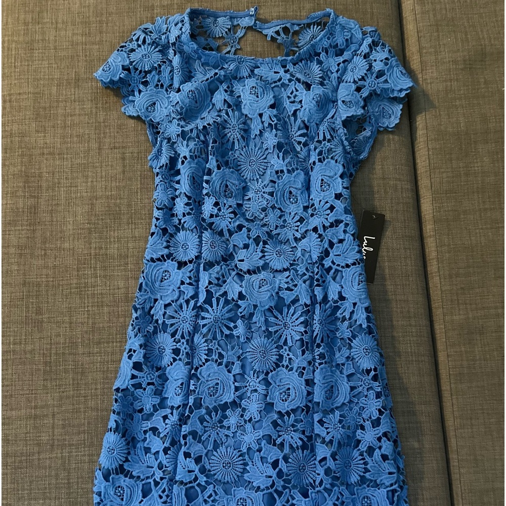Lulus open back blue lace dress